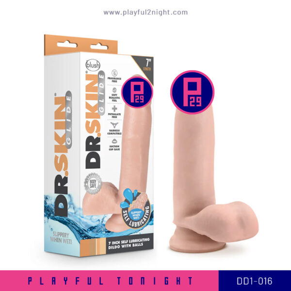 Playful2night_Blush | Dr. Skin Glide | Realistic Vanilla 7-Inch Long Self-Lubricating Dildo With Balls & Suction Cup Base_DD1-015_01